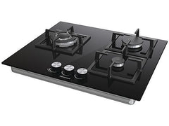 Placa de gas - Hisense GG633B, 3 zonas, 58 cm, Gas Natural, Encendido fácil, Fogón Wok, Cristal Negro